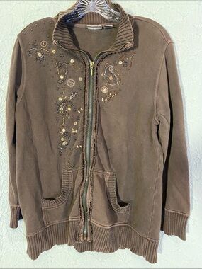 Chico's Brown Embellished Zip-floral serquins and beaded design